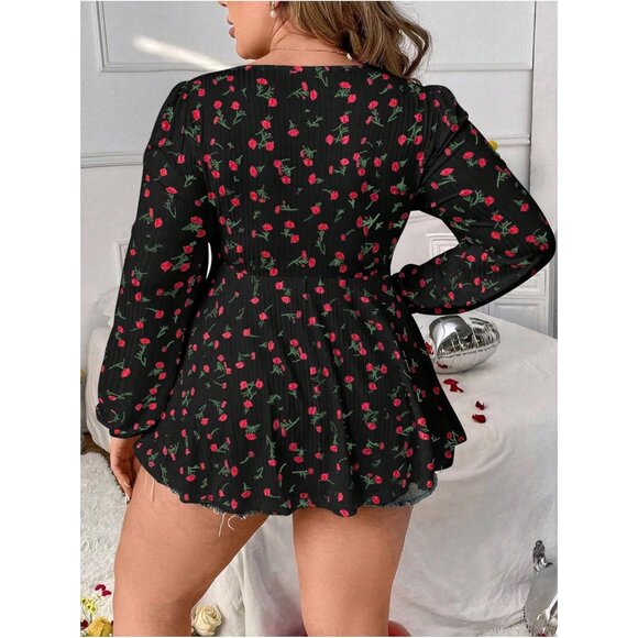 Plus Size Women's Floral Print Lace Trim Bishop Long Sleeve Ruffle Hem Tee - Picture 2 of 6